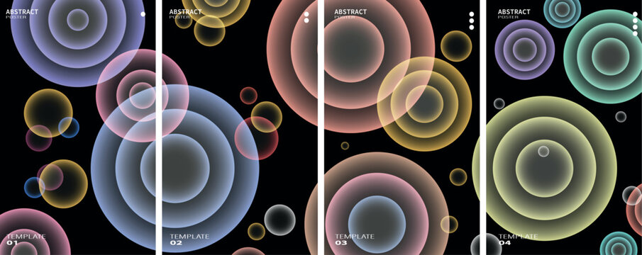 Set of four abstract vibrant circular and spherical elements, bright glowing bubble shapes, geometric posters, modern art vector templates for cover and banner.