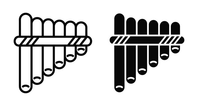 Pan flute musical instrument icon set featuring outline and solid black designs for folk music wind pipe woodwind sound equipment