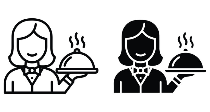 Waitress icon set showing female server holding tray with hot food cloche in outline and solid black flat vector style