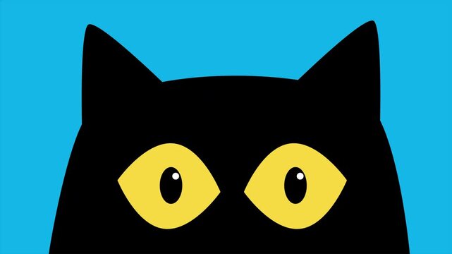 Animated Minimalist Black Cat Peeking Up with Large Yellow Eyes on Blue Background
