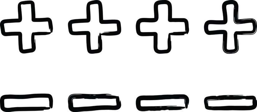 Hand drawn plus and minus signs, black ink sketch mathematical symbols, set of 8 hand-drawn cross and dash icons for education and business UI