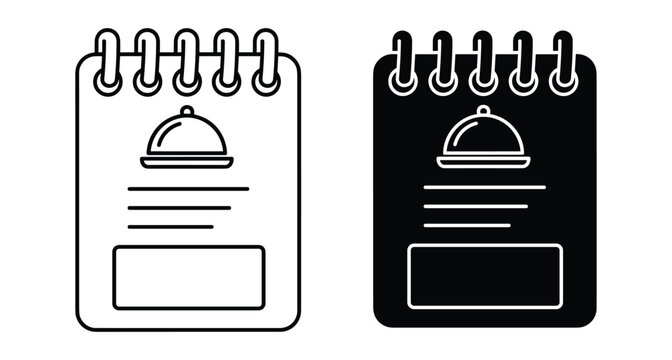 Restaurant menu icon set showing spiral notebook with food cloche symbol for cafe dining order list and catering services