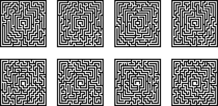 Complex square maze collection, set of 8 black and white labyrinth vector icons, difficult puzzle game elements for logic and problem solving