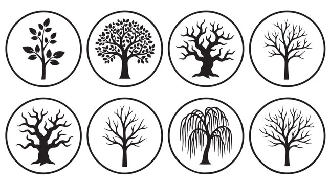 Set of various black tree silhouettes in circular frames representing growth and nature cycles