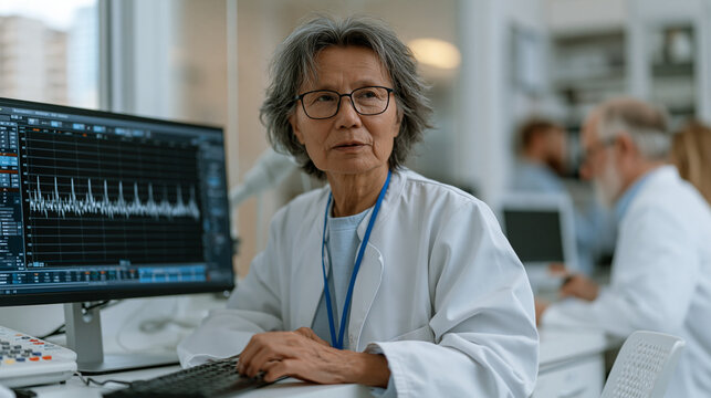 Clinical pharmacologist monitoring ultrasound-triggered drug release in a targeted tumor therapy animal model study, pharmaceutical research laboratory, sterile white background,