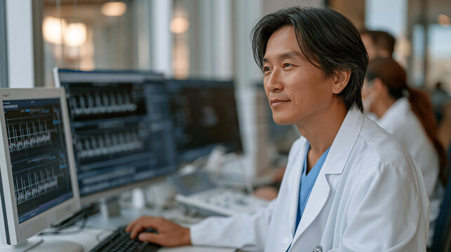 Clinical pharmacologist monitoring ultrasound-triggered drug release in a targeted tumor therapy animal model study, pharmaceutical research laboratory, sterile white background,