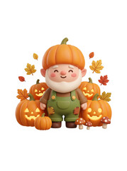 Fototapeta premium Cute Pumpkin Boy Surrounded by Jack O Lanterns - Adorable autumn character with a pumpkin hat, standing among glowing pumpkins and colorful fall leaves. (AI)