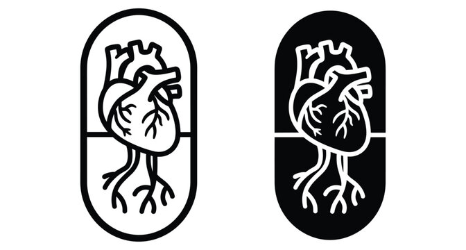 Human heart anatomy icon inside medical pill capsule shape for cardiology healthcare pharmaceutical medicine supplement wellness and clinical treatment design