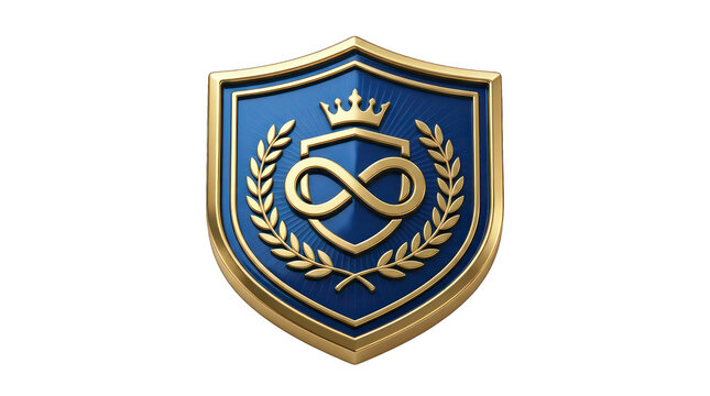 Gold and blue infinity shield emblem isolated on transparent background, representing eternal protection, security, trust, and modern digital defense concepts for branding and technology designs.