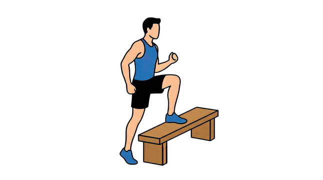 Man Performing Fitness Step Up Exercise on Gym Bench Illustration Isolated