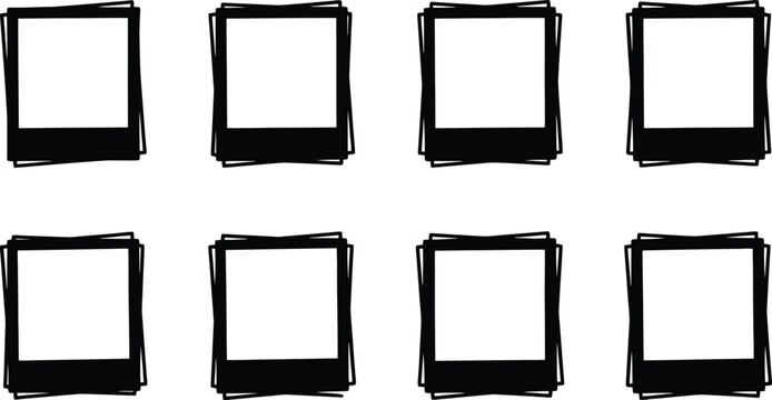 Vintage instant photo frame set, retro black film borders collection, 8 blank photography placeholders for scrapbooking and digital collage layouts