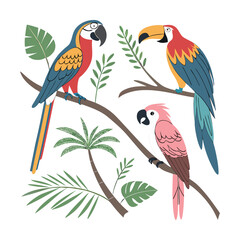 Colorful Parrot Illustrations, Tropical Bird Vectors, Macaw and Cockatoo Designs, Jungle Wildlife Icons © ahosan