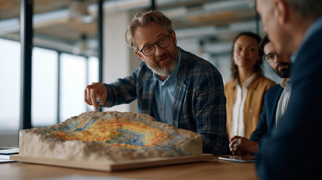 Mining engineer presenting asteroid regolith extraction model to investors inside industrial conference room, pointing toward rotating three-dimensional carbonaceous chondrite