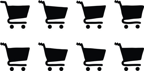 Minimalist shopping cart icons set, black silhouette supermarket trolley collection, 8 retail store purchase symbols for ecommerce web design © Muhammad