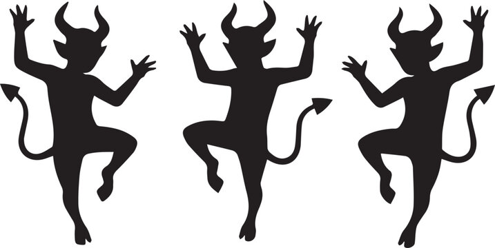 Three Dancing Devil Silhouettes with Horns and Tails, Playful Halloween black and white vector illustration
