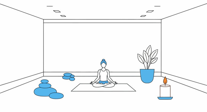 Woman meditating in a serene room with stacked stones, plant, and candle