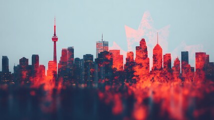 Naklejka premium Toronto city skyline with the CN Tower overlayed by a transparent red maple leaf, symbolizing Canada.