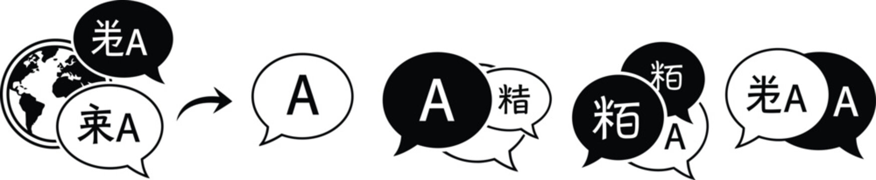 Vector silhouette of speech bubbles with globe and foreign language characters