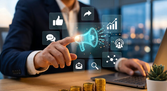 Businessman touching glowing virtual megaphone icon surrounded by digital marketing social media networking communication strategy business icons on office desk.
