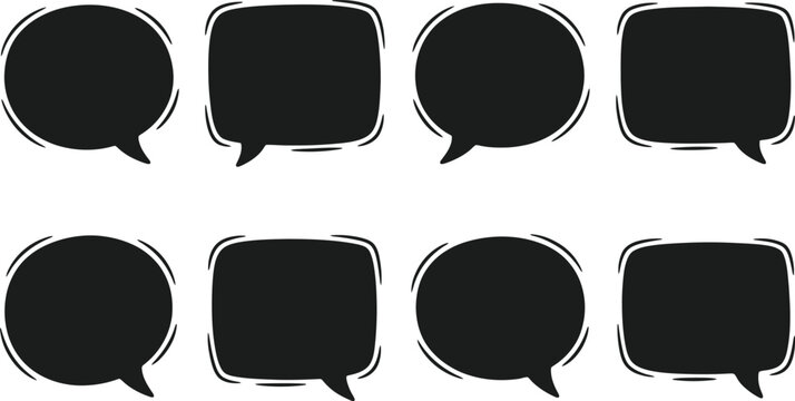 Hand drawn speech bubbles set, black comic book thought clouds, 8 doodle chat icons for social media and manga dialogue, vector illustration