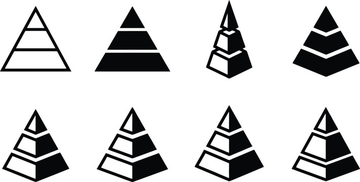 Pyramid chart icons set, 8 black and white infographic pyramid diagrams, geometric hierarchy symbols for business data visualization and marketing presentations