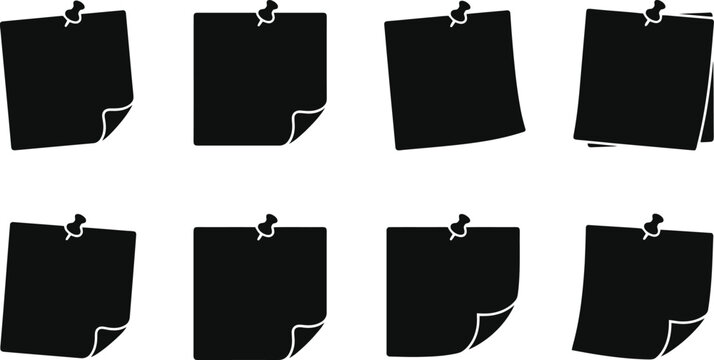Black sticky note silhouettes with push pins, set of 8 paper memo icons with curled corners, blank adhesive reminder notes for office organization