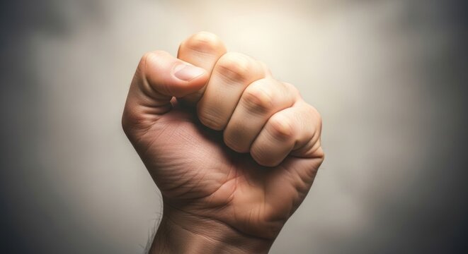 Man fist clenched in tension. Feeling of human anger and frustration. Emotional regulation and self control concept. Powerful gesture of stress, protest and struggle in the moment.