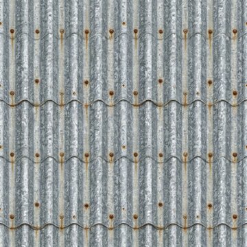 Detailed seamless pattern of weathered corrugated galvanized metal sheets with visible rust around fasteners, perfect for industrial, grunge, or rustic backgrounds.
