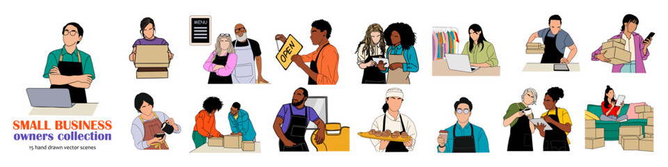 Fototapeta premium Diverse entrepreneurs run small businesses with focus and energy. Each person shows dedication through unique professional activities. Businesses span cafes, shops, crafts, and tech services