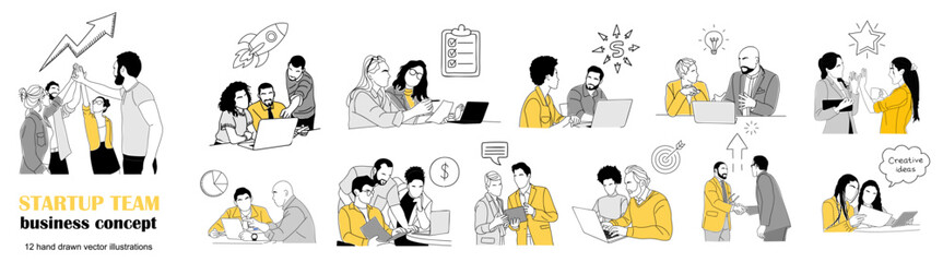 Plakat Modern line art shows startup teamwork in action. People collaborate, brainstorm, and celebrate with energy and focus. Yellow figures express enthusiasm, creativity, and shared purpose