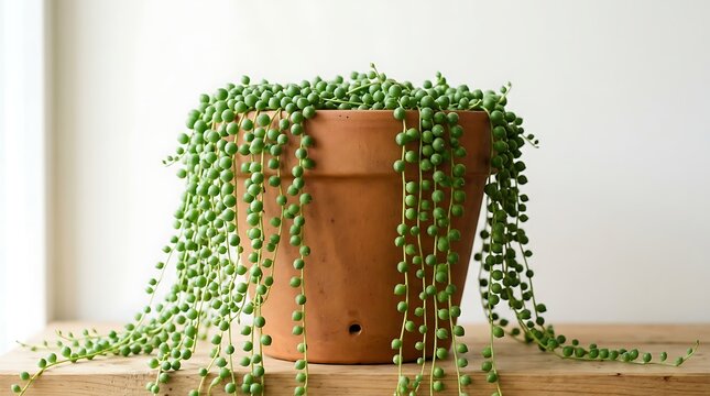 String of Pearls Plant in Terracotta Pot on Wooden Table