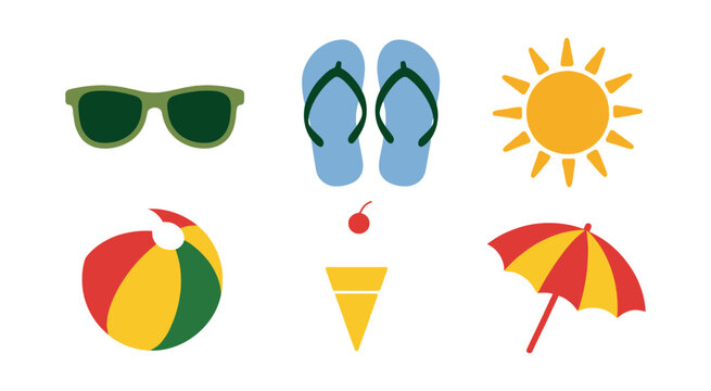 Summer travel and beach accessory vector set with flip flops, sunglasses, sun, umbrella, ice cream, and beach ball icons for tourism branding.
