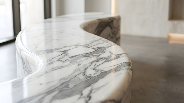 polished white marble countertop with grey veining close up selective focus curved stone table top design