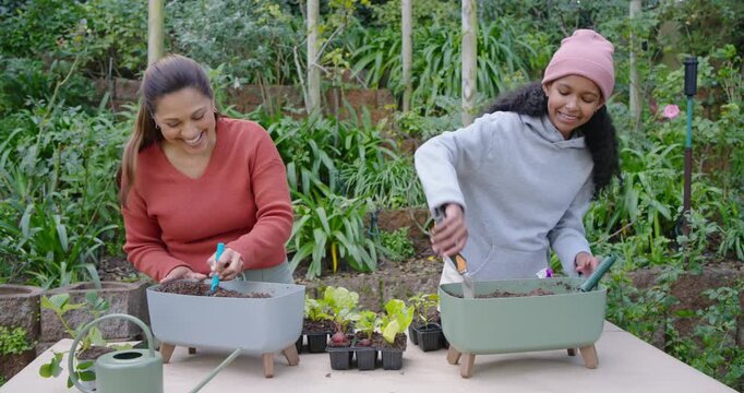 African American mother and daughter scooping soil with trowels into planters in garden to plant