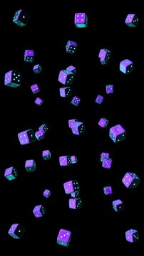 3d dice neon lights random rolling falling loop alpha channel animation, casino gambling game dices isolated vertical social media motion design element