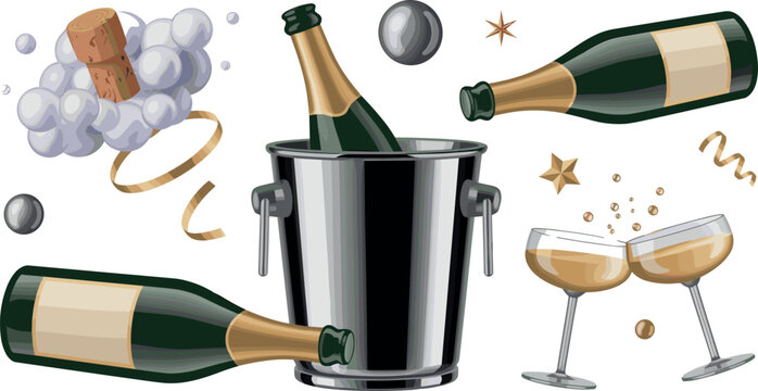 Champagne celebration vector element set with bottle in ice bucket, clinking glasses, popping cork, and golden confetti for luxury party designs,