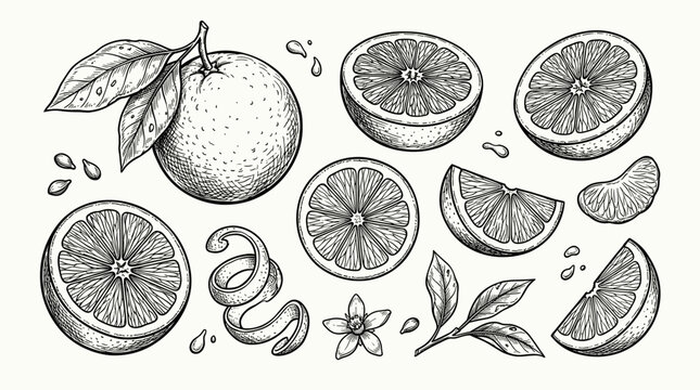 Vintage botanical orange fruit sketch set, whole, half and slice isolated on white background