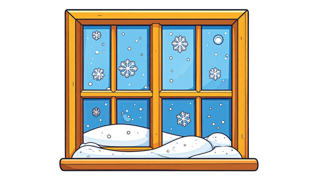 Snow on window sill winter scene.