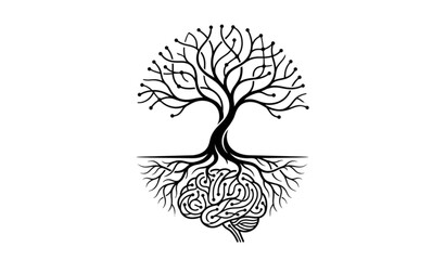 Fototapeta premium Abstract Tree Form Transforming into Neural Root Network – Concept of Life, Growth and Connection Vector Illustration