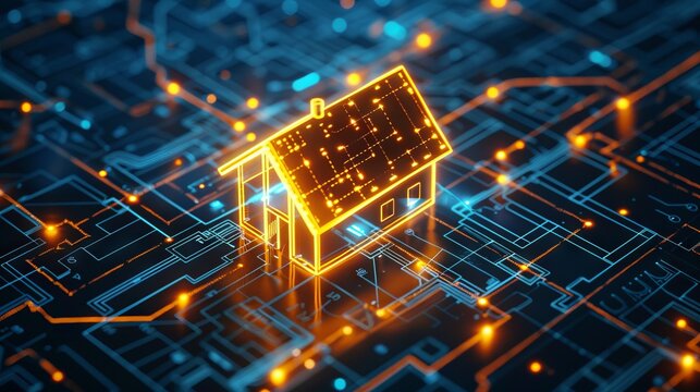 Dramatic presentation background featuring a glowing golden house emerging from a deep navy architectural blueprint. Cinematic double exposure design with warm amber light, detailed floor plans, and h