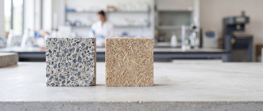 Comparative building material samples&mdash;terrazzo aggregate and wood wool composite blocks in materials lab