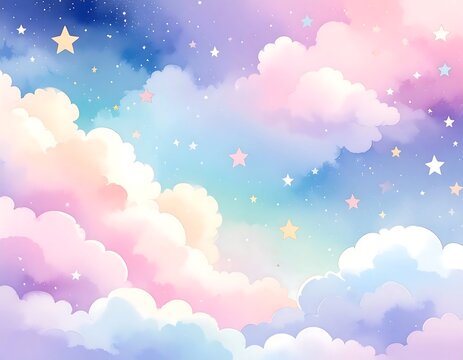 Colorful dreamy sky with soft clouds and stars.