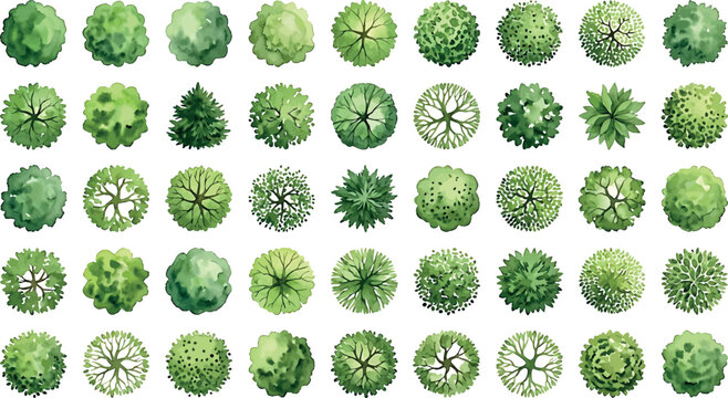 Set of top view watercolor trees isolated on white background