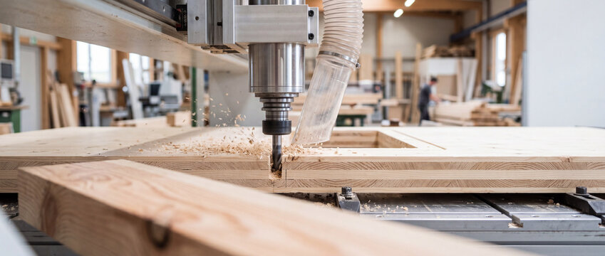 CNC woodworking machine cutting timber panels in modern carpentry workshop with precision milling