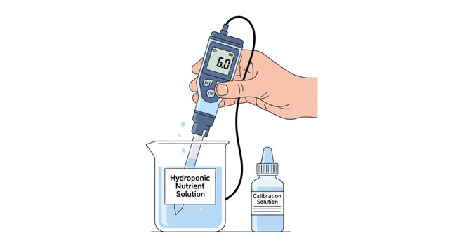 Hand holding pH meter measuring hydroponic nutrient solution in beaker