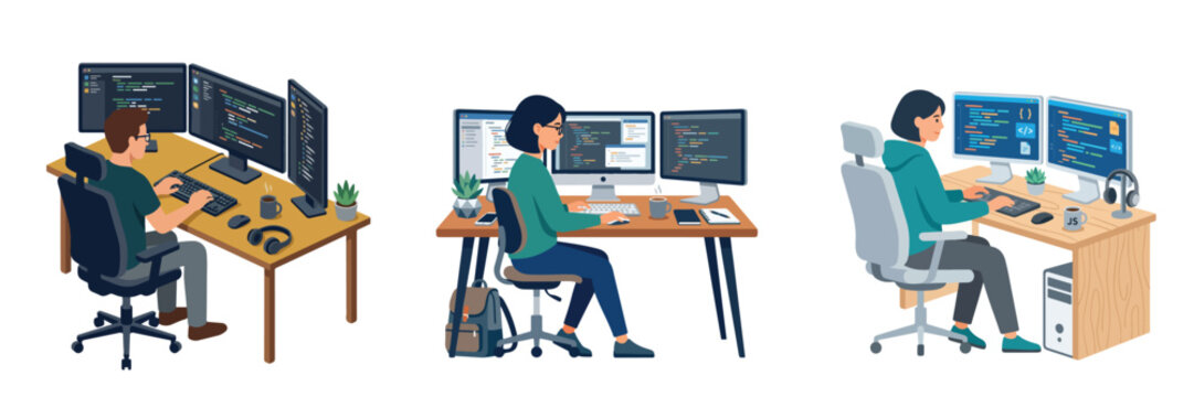 Diverse professional software developers working on complex coding projects using multi monitor computer setups at modern home office desks