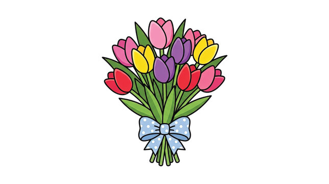 Colorful Tulips Bouquet with Blue Ribbon.