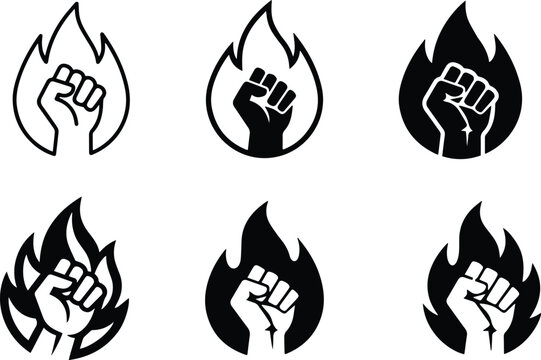 Power fist inside burning fire flame icon set representing strong passion energy revolution willpower determination victory and motivation vector symbols