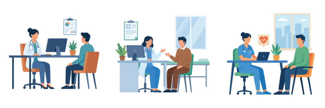 Professional medical consultation sets featuring doctors and nurses discussing treatment plans with patients in office environments for health