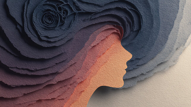 Layered paper cut silhouette with flowing contours around the mind, symbolizing emotional healing, resilience, inner balance, self awareness and peaceful mental wellbeing
